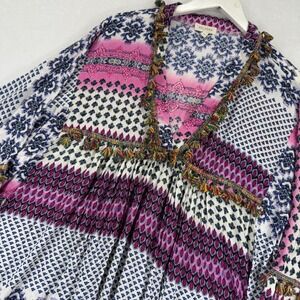 Velzera Womens Boho Tunic Top Medium Pink Blue Mixed Print Tassel Trim V-Neck
